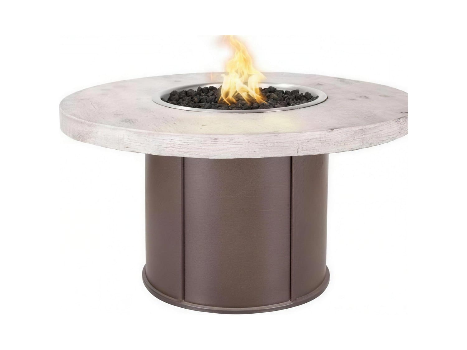Firston round gas fire table with a whitewashed wood-look top and cylindrical bronze base