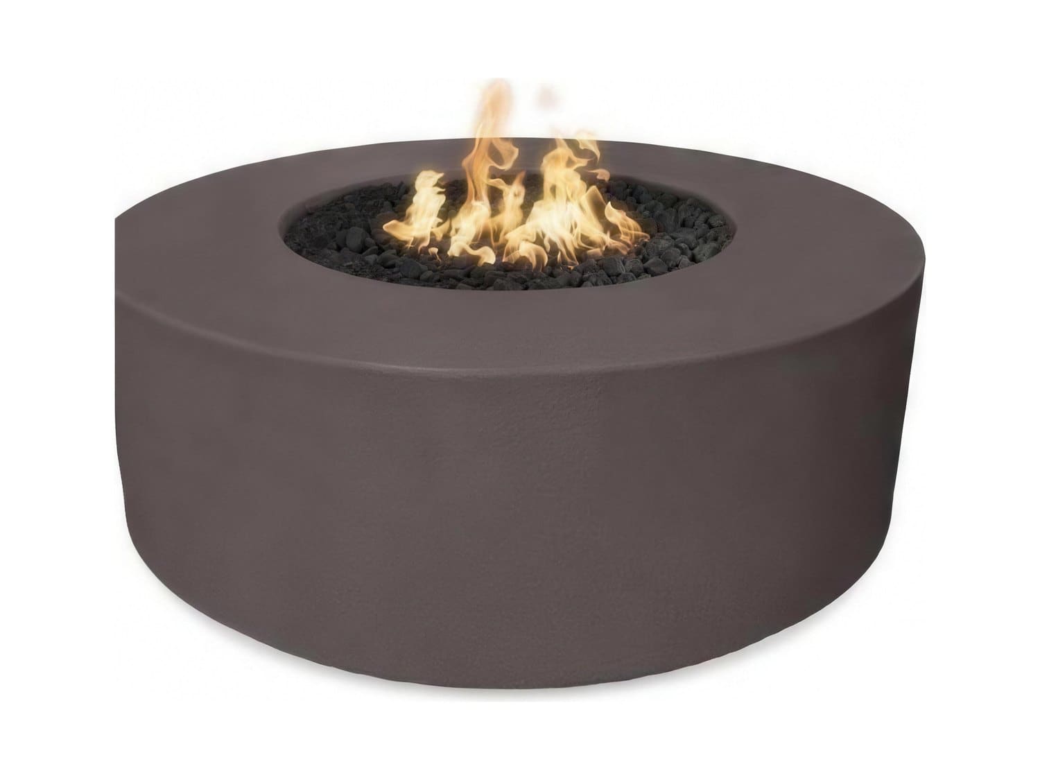 Flare round gas fire table in stone finish with a lava-rock burner