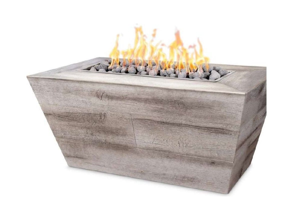 Plake tapered linear gas fire table in a wood-grain concrete finish