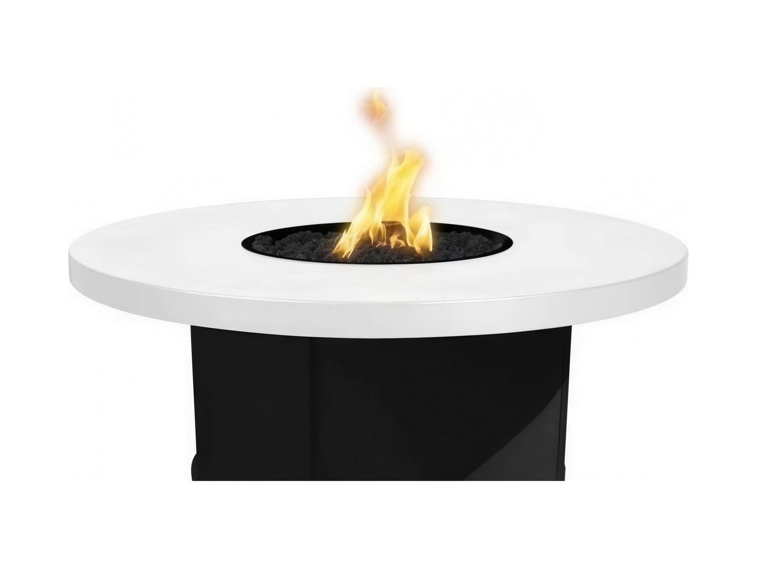 Raze round gas fire table with a white top and black base, flame over lava-rock media