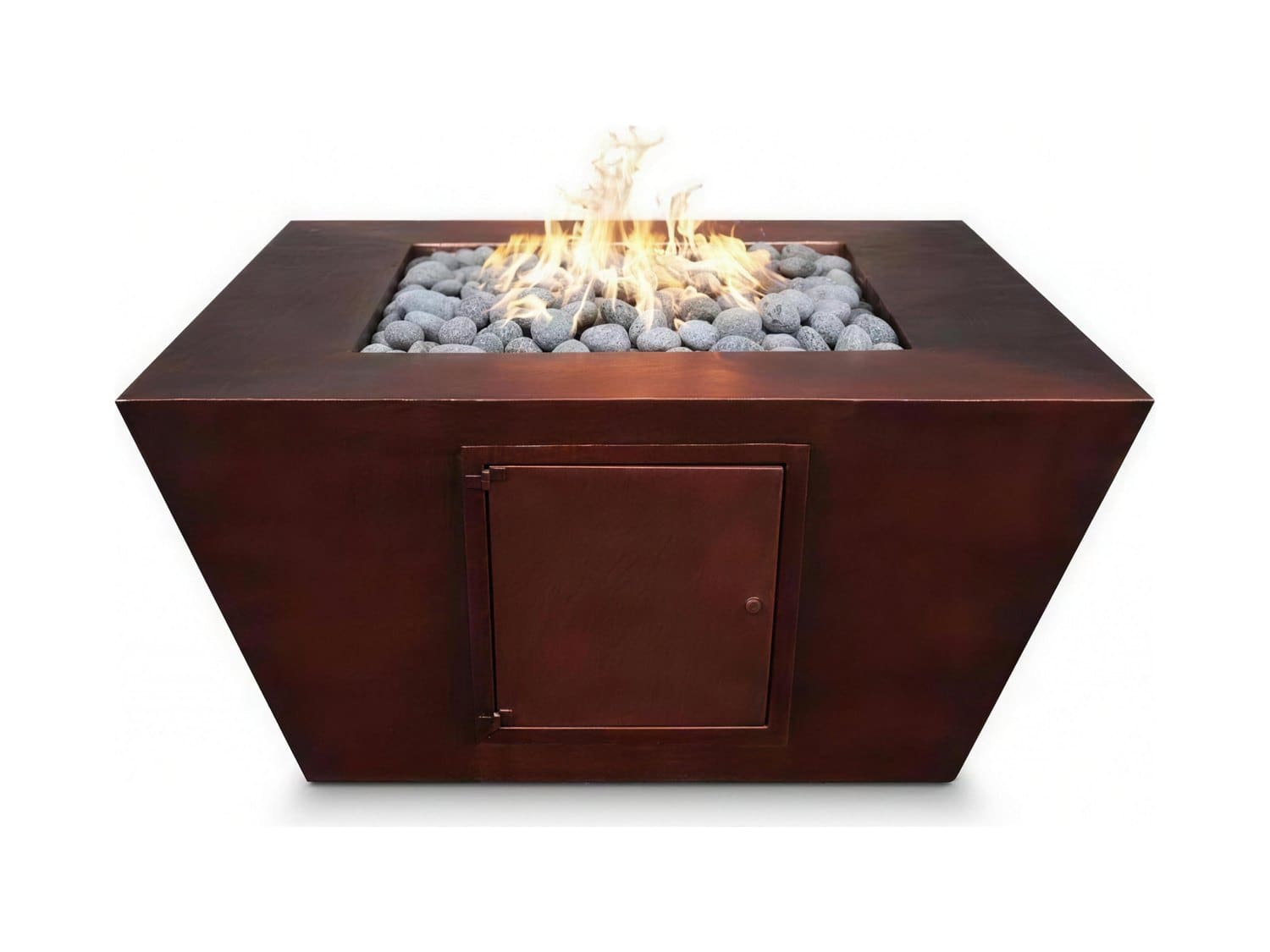 Rumah square tapered gas fire table in a copper finish with a lava-rock burner