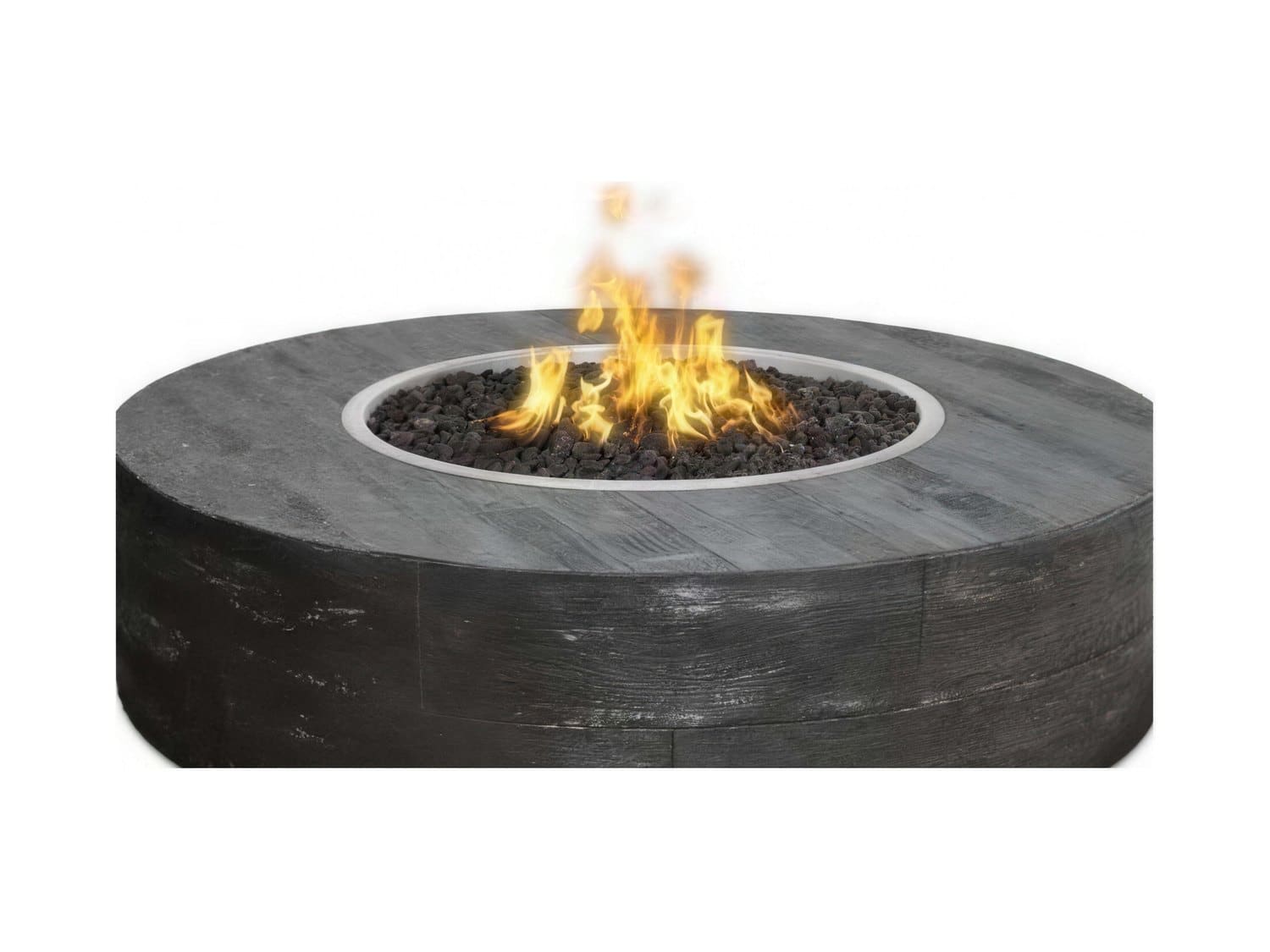 Selina round gas fire table with a wood-grain finish and glass-ember burner