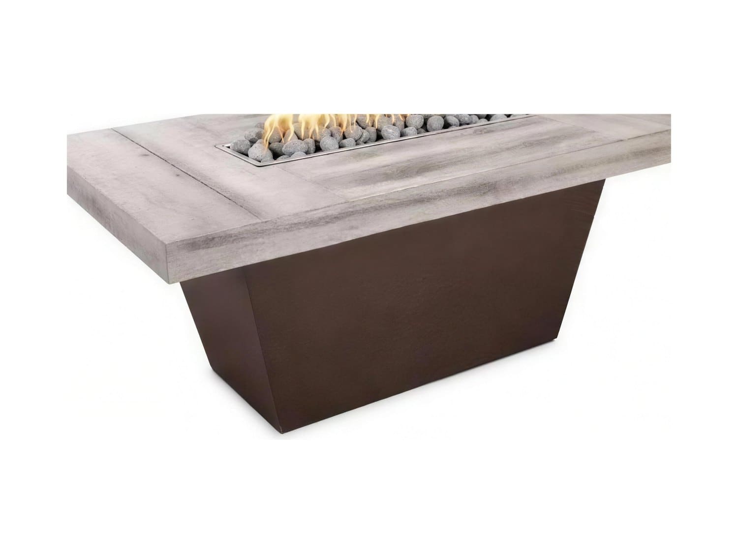 Takken linear gas fire table with a concrete top and copper-finish pedestal base