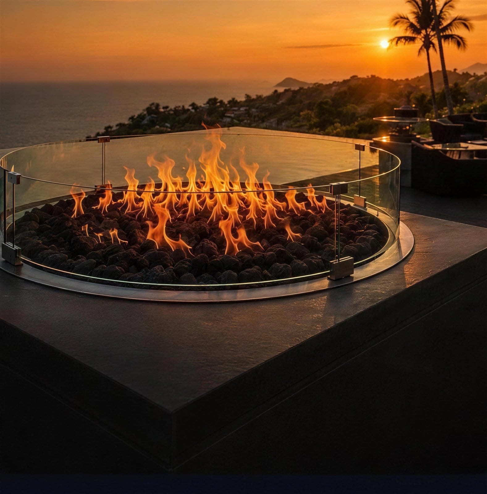 Round gas fire table on an infinity-edge terrace at sunset at Shambara, Koh Samui