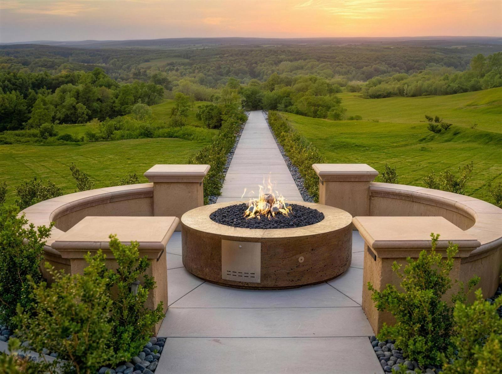 Round fire pit with curved benches overlooking a green valley at sunset