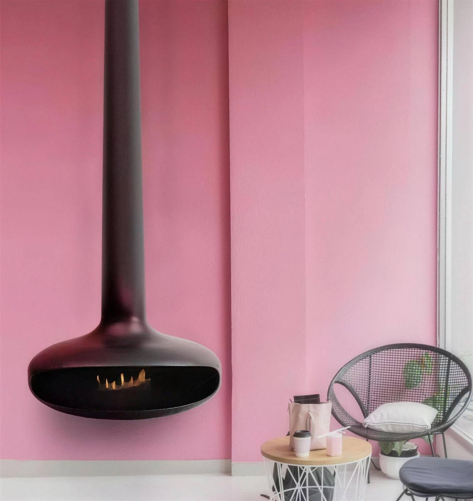 Suspended bioethanol fireplace in a designer interior