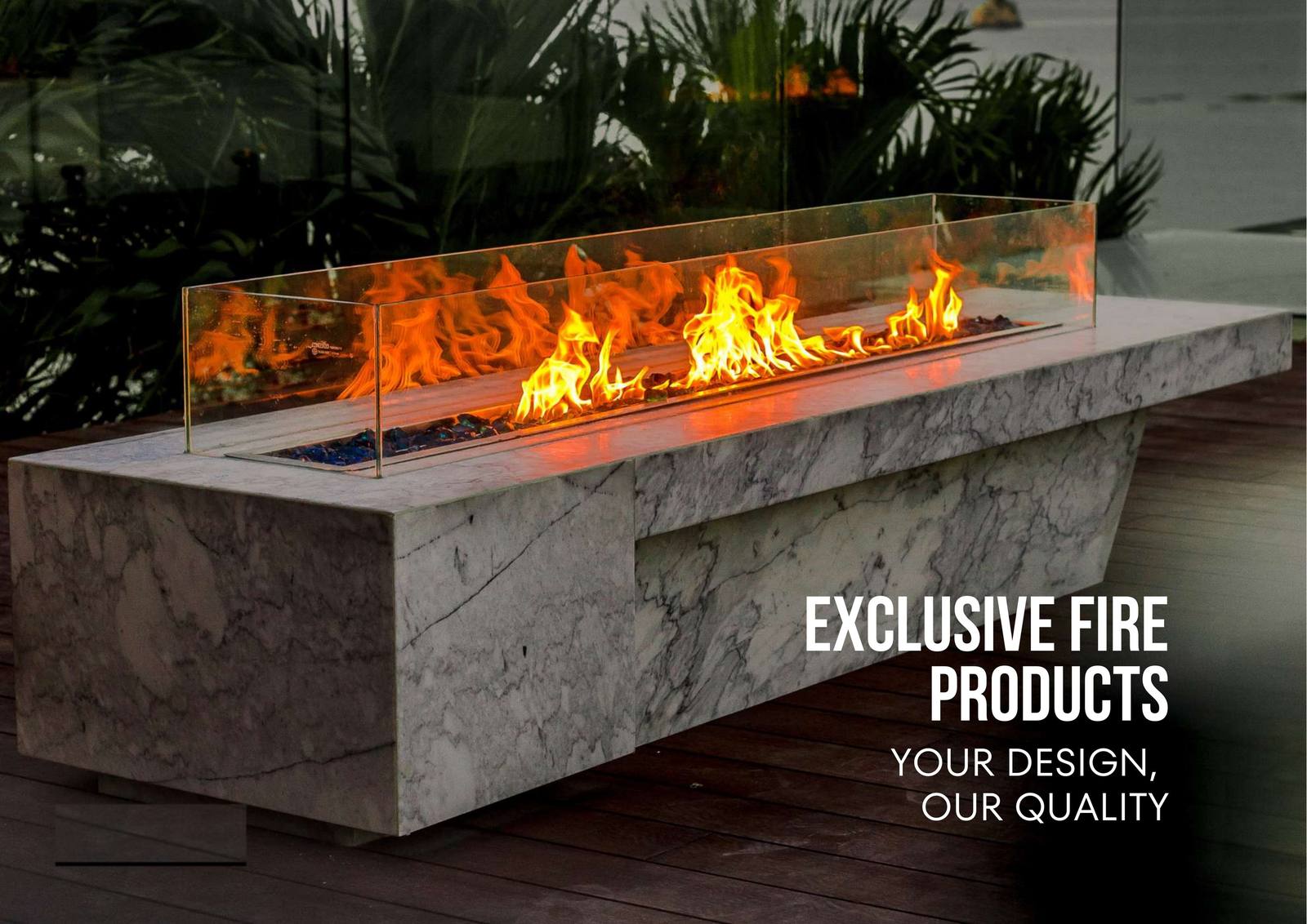 Marble linear fire table with dancing flames on a terrace at dusk